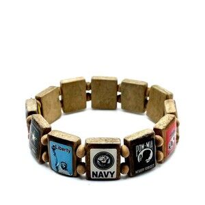 Patriotic Bracelet THANK YOU Support American Veterans Wood Elastic US Military
